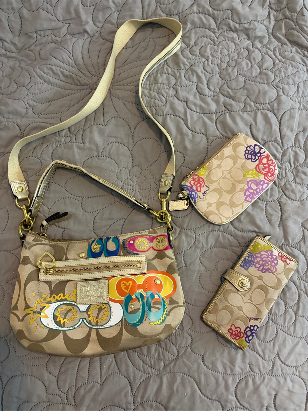 Coach Beige Signature Canvas Crossbody Bag with Floral Accents